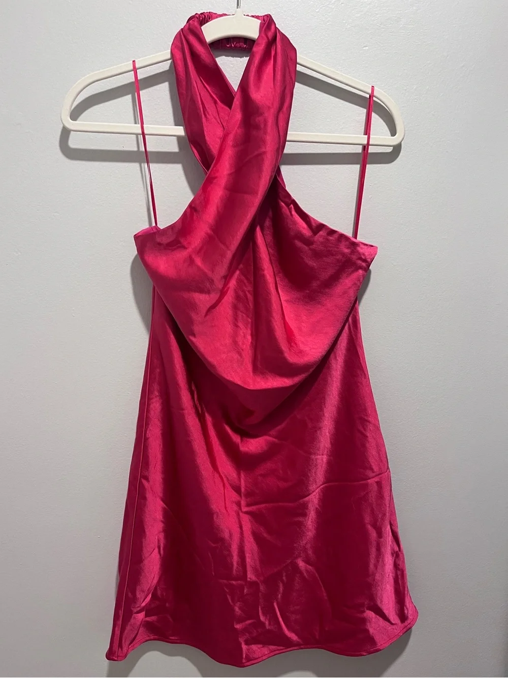 Hot Pink Satin Halter Mini Dress